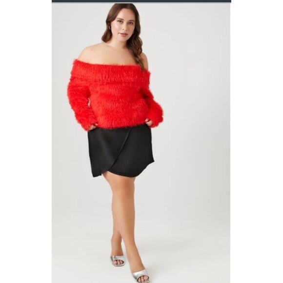 Forever 21+ Off The Shoulder Fluffy Red Sweater Red Size 0X #654 - Picture 1 of 9